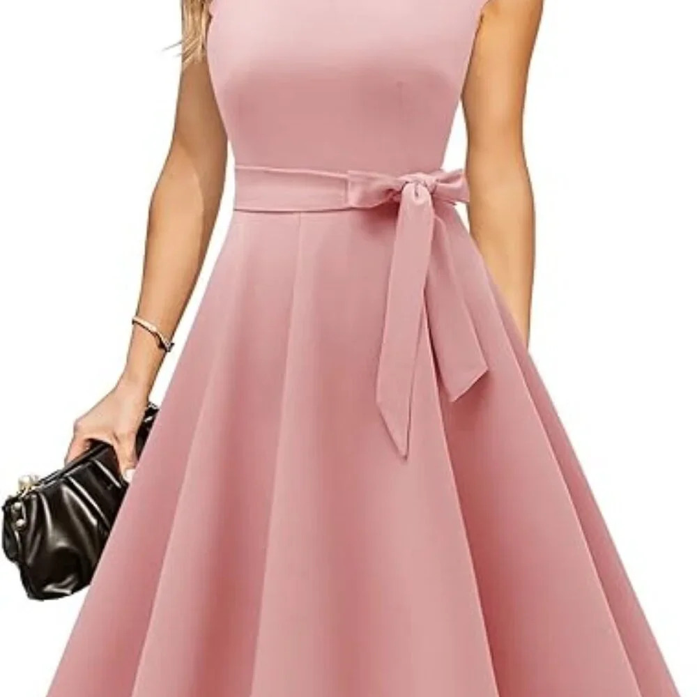 Dresstells Elegant Pink Sleeveless Dress Tea Length